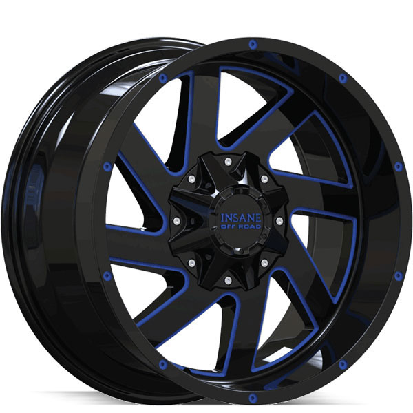 Insane Off-Road IO-12 Gloss Black with Blue Milled Spokes Center Cap