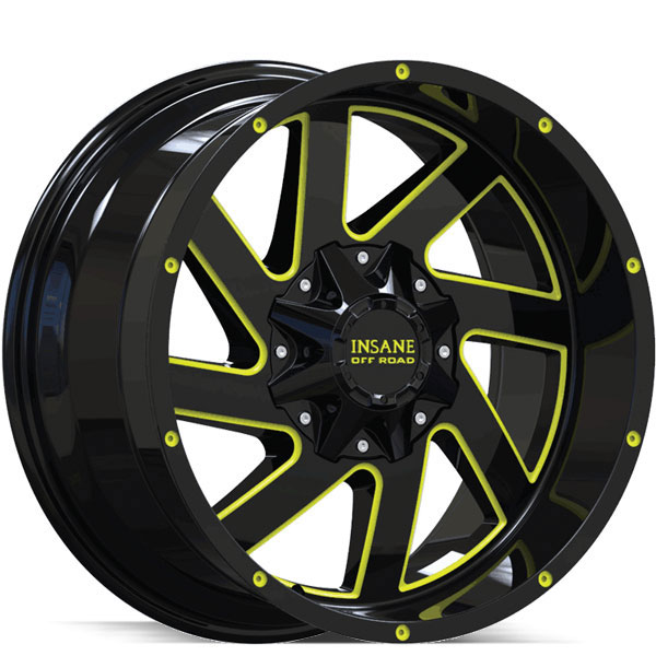 Insane Off-Road IO-12 Gloss Black with Yellow Milled Spokes Center Cap